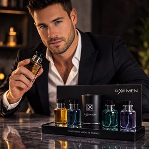 Puede incluir: Un set de fragancias con pequeños frascos de perfume en tonos amarillo, azul, verde y morado. El conjunto incluye un recipiente cilíndrico negro y un frasco de perfume más grande. El texto "ELIXIR MEN" es visible.