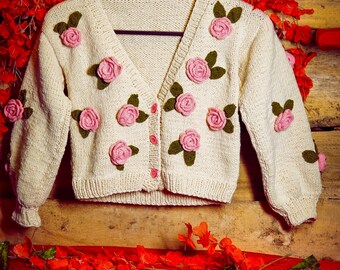 Handmade Knitted Cardigan: Women's Wool Sweater with 3D Crochet Roses