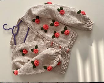 Handmade Knitted Cardigan: Women's Wool Sweater with 3D Crochet Roses