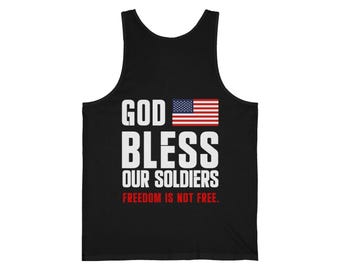 Camiseta sin mangas de colección "Dios bendiga a nuestros soldados", camiseta patriótica estadounidense, camiseta para amantes de los veteranos militares, 100 % algodón estadounidense, hecha en EE. UU.