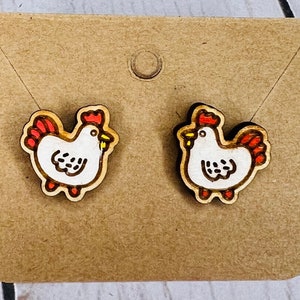 Chicken themed wood stud earring. Hand painted earrings on sterling silver backs