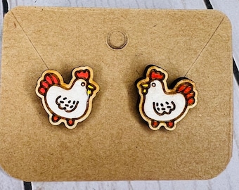 Chicken themed wood stud earring. Hand painted earrings on sterling silver backs