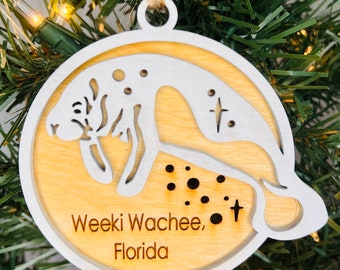 Weeki Wachee Florida Manatee wooden custom made Christmas Ornament.  White and light wood grain.  Nautical theme, beach theme