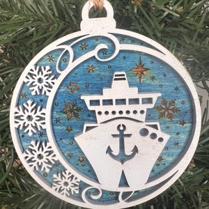 Christmas cruise ship ornament. Double layered hand painted wooden ornament.