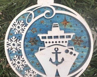 Christmas cruise ship ornament. Double layered hand painted wooden ornament.