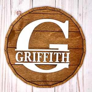 Custom Made Whiskey barrel top monogram last name sign