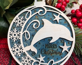 Dolphin with snowflakes wooden custom made Christmas Ornament. Ocean themed.