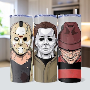 Jason Voorhees, Michael Myers and Freddy Krueger Characters 20 oz Skinny Tumbler, Stainless Steel Reusable Straw and Straw Cleaner Included