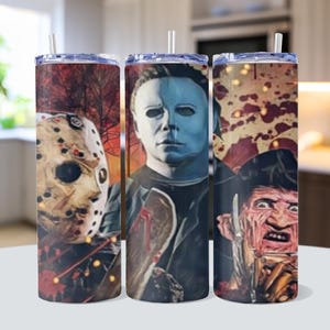 Jason Voorhees, Michael Myers and Freddy Krueger Characters 20 oz Skinny Tumbler, Stainless Steel Reusable Straw and Straw Cleaner Included