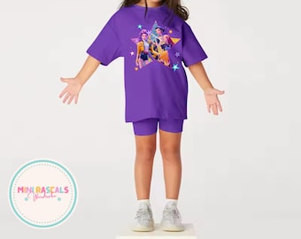 Conjunto de verano para niñas KPOP Demon Hunters - Conjunto de camiseta y shorts Huntrix / Lindo atuendo de dibujos animados para niñas / Conjunto coordinado de verano para niños