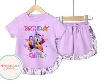 Atuendo de cumpleaños de cazadoras de demonios KPOP para niñas / Conjunto de salón para cumpleañeras / Conjunto azul para niñas / Camiseta y pantalones cortos de cumpleaños / Atuendo de cumpleaños para niños