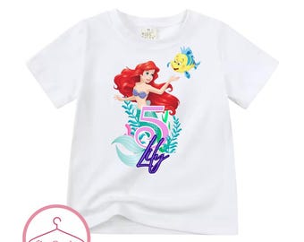 Personalised Little Mermaid Birthday T-Shirt – Ariel & Flounder Birthday T-shirt