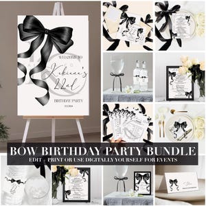 Può includere: Un pacchetto di festa stampabile con un tema a fiocco bianco e nero. Il pacchetto include un cartello di benvenuto, inviti, un menu, un gioco e un biglietto di ringraziamento. Il testo sul cartello di benvenuto recita "Benvenuti a Kebuni's 22nd Birthday Party 22.2.2024".