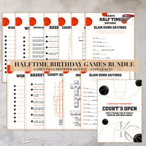 May include: A printable set of basketball-themed party games for a birthday party. The games include a word search, crossword puzzle, and a fill-in-the-blank activity. The games are designed to look like a basketball court with a basketball in the corner.