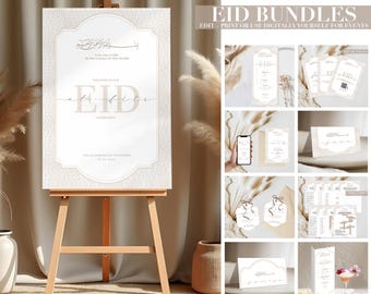 May include: A set of printable Eid al-Fitr party decorations in a neutral color palette with a modern calligraphy design. The set includes a welcome sign, invitations, table cards, and gift tags. The decorations feature a delicate floral pattern and a gold accent.