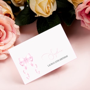 Editable Pink Bow Birthday Place Card, Pink & White Name Card, Ribbon Baby Shower Place Card, Printable Name Card