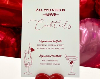 Plantilla de menú de cócteles de Galentine, rojo y blanco, editable en Canva (descarga digital)