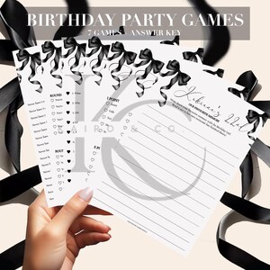 May include: Black and white printable birthday party game cards with black ribbon accents. The cards include a "Never Have I Ever" game and a "Our Favorite Memory" game. The text "Kebinna's 22nd" is written on the card.