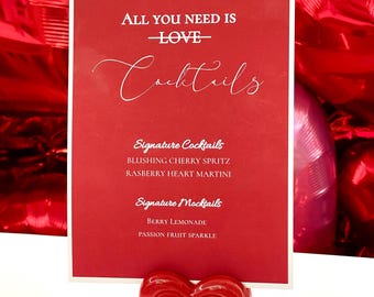 Galentines all you need is Cocktails Menu, Valentines Day Menu, White and Red Menu, Bachlorette Party, Canva editable Template