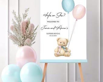 Editable Teddy Bear Air Balloon Blue Pink Welcome Sign Gender Reveal Shower Birthday Decor Sign Printable Template Instant Download