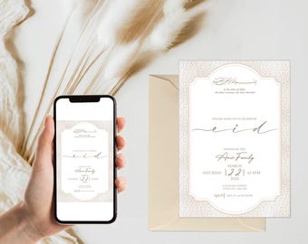 May include: A white and gold Eid invitation with an intricate pattern. The invitation reads "Please join us to celebrate Eid" and includes the date and time of the event. The invitation is hosted by the Anis Family.
