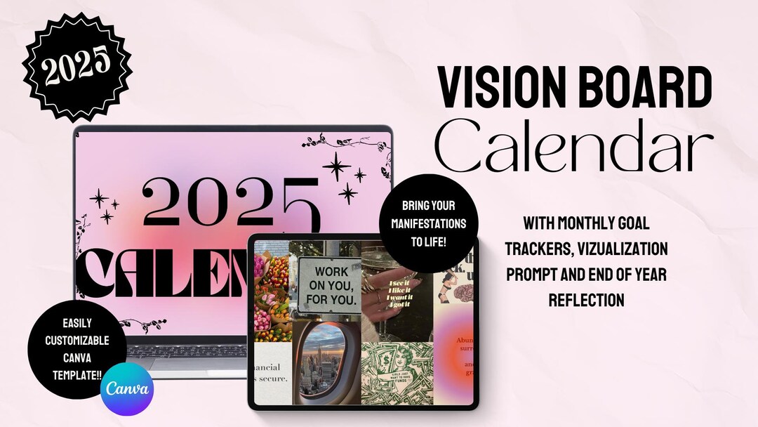2025 Vision Board Calendar Canva Template With Visualization Prompts