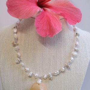 Freshwater Pearl & Conch Shell necklace with Moon Shell pendant