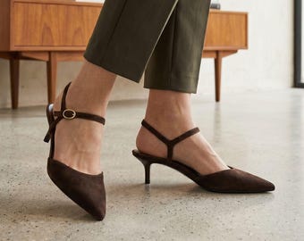 Elegant Brown Kitten Heels, Pointed Toe Slingback Pumps, Faux Suede Strappy Low Heels, Vintage French Style Shoes, Comfortable Office Heel