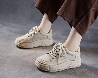 Leather Platform Sneakers Women – Comfy Thick Sole Walking Shoes – Soft Cowhide Trainers – Minimalist Retro Style Casual Lace Ups