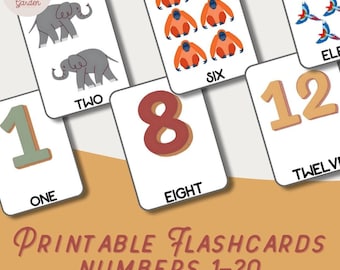 Tarjetas didácticas imprimibles con los números del 1 al 20 y animales / Tarjetas educativas de aprendizaje para niños en el hogar / Descarga instantánea