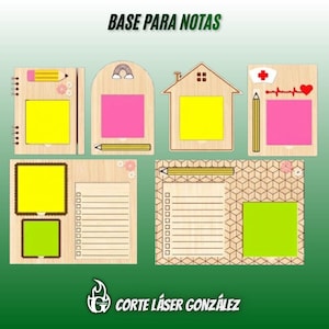 Può includere: Basi per note in legno di varie forme, tra cui una casa e un arcobaleno, ciascuna con spazio per post-it. Le basi presentano disegni di matite e fiori, con il testo "BASE PARA NOTAS" nella parte superiore.