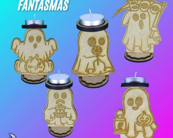 Set Porta Velas Fantasma SVG para Corte Láser, Decoración Halloween, Archivo Digital de Calavera para Altar de Muertos en MDF 3mm