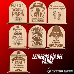 Puede incluir: Colección de letreros de madera para el Día del Padre con varios diseños y textos. Los letreros presentan frases como "Mejor papá" y "Súper papá" en español. Algunos letreros tienen ilustraciones.