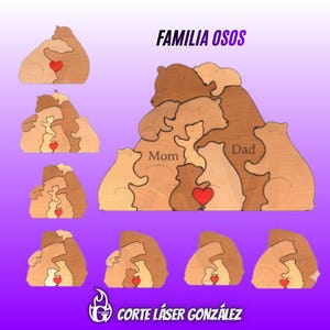 Könnte beinhalten: Holz-Bärenfamilien-Puzzle mit rotem Herzdetail. Die Puzzleteile sind in verschiedenen Braun- und Beigetönen gehalten. Der Text "FAMILIA OSOS" ist in Lila dargestellt. Das Logo "CORTE LÁSER GONZÁLEZ" befindet sich unten.