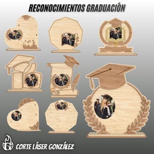 May include: A selection of wooden graduation photo frames in diverse shapes, such as a heart, octagon, and mortarboard. Each frame holds a small photo and features laser-cut designs. The text "RECONOCIMIENTOS GRADUACIÓN" is at the top.