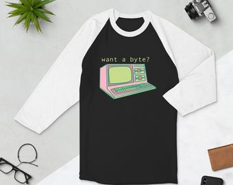 Want a Byte? Retro Computer Baseball Tee - 3/4 Sleeve Raglan Shirt - 80s 90s Classic Computing Nerd Gift
