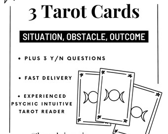 May include: Black and white illustration of three tarot cards with the text "3 Tarot Cards" and "SITUATION, OBSTACLE, OUTCOME". Below the cards is a list of services offered: "PLUS 3 Y/N QUESTIONS", "FAST DELIVERY", and "EXPERIENCED PSYCHIC INTUITIVE TAROT READER". The text "@thewanderingnovice" is at the bottom of the image.