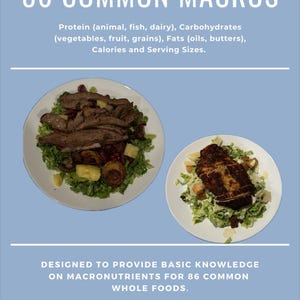 Puede incluir: Un gráfico azul y blanco con el texto "86 Common Macros" y una descripción de las macros. El gráfico también incluye dos fotos de ensaladas con pollo y bistec.