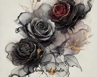 8 Black Gold Rose Clipart Bundle: Gothic Floral Alcohol-Ink Designs (JPG, PDF Download)