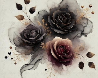 8 Black Rose Clipart Bundle: Gothic Watercolor Roses (Digital Download, PNG & JPG Files)