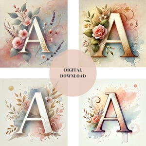 Elegante monograma floral letra A - 15 x 15 pulgadas PNG y PDF / Arte mural botánico con iniciales en acuarela / Descarga digital