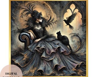 Gothic Princess Style Art Set, Dark Victorian Raven & Cat Portraits, Elegant Masquerade Fantasy Woman