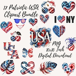 Patriotic USA Clipart Bundle: 4th of July Watercolor PNG Designs (Digital Download