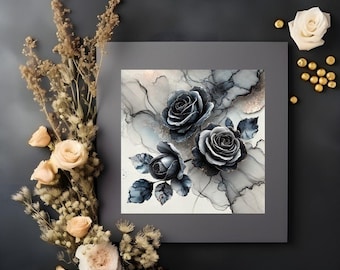 8 Dark Floral Art Prints Set: Gothic Black Gold Rose Bouquet (JPG, PDF Download)