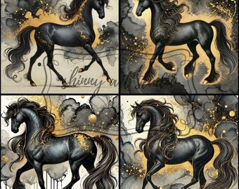 Black Horse Gold Ink Art Prints – Equestrian Wall Decor (Digital Download)