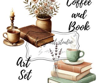 7 Vintage Coffee Book Decor PNG Set – Cozy Reading Nook Art