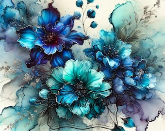 7 Alkohol Tinte Floral Clipart Bundle: schwarz gold, petrol, lila Blumen (digitaler Download)