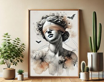 Impression à l'encre d'alcool Aphrodite : Art mural gothique de la Statue des yeux bandés, Art minimaliste d'Halloween, téléchargement numérique
