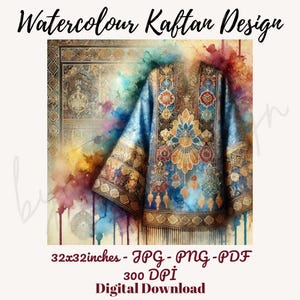 May include: Watercolor painting of a blue and gold kaftan with intricate floral patterns. The kaftan is draped over a patterned background with watercolor washes in shades of red, orange, yellow, and blue. The image is 32x32 inches and 300 DPI. Digital Download.