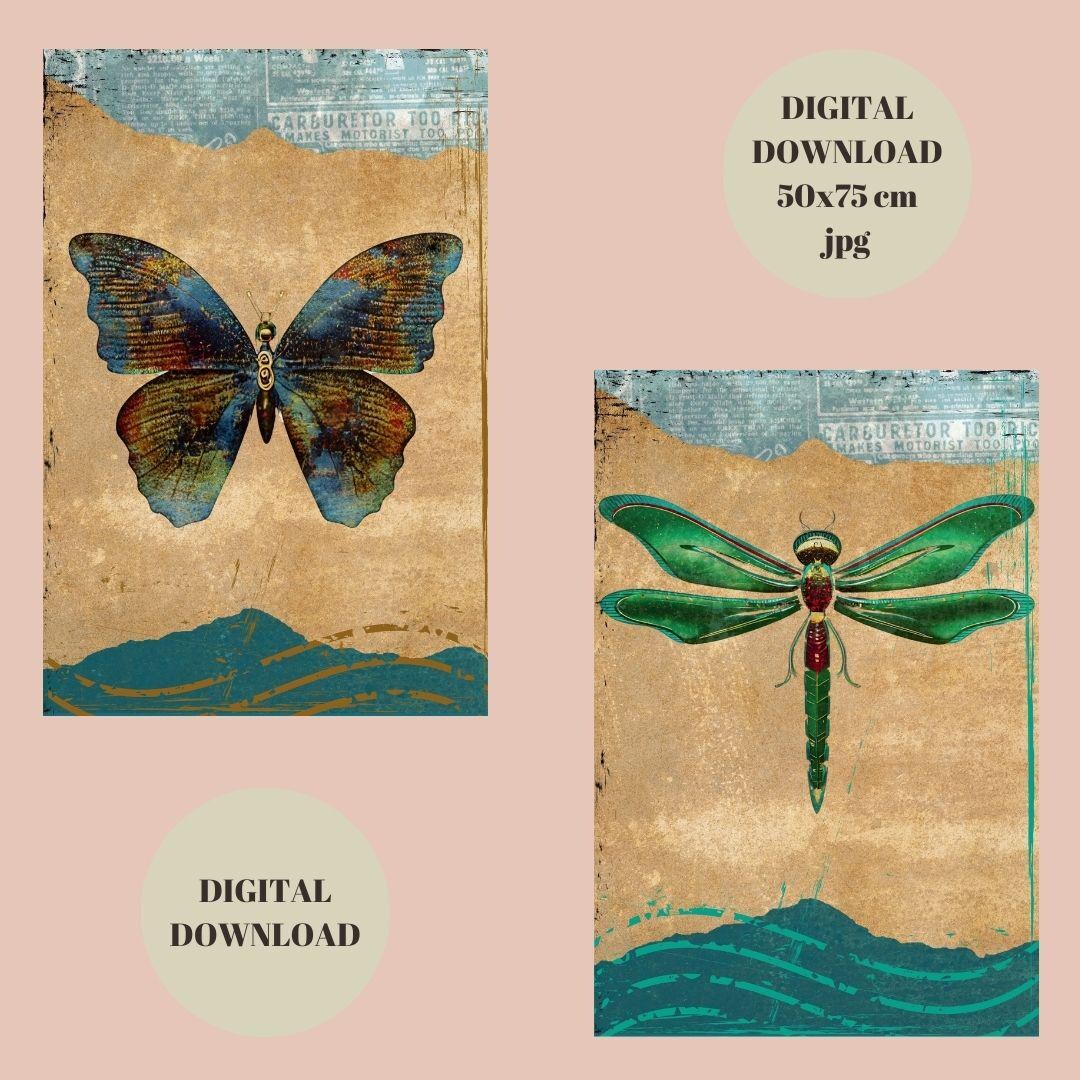 Vintage Butterfly & Dragonfly Art Print Set: Retro Home Decor (digital ...